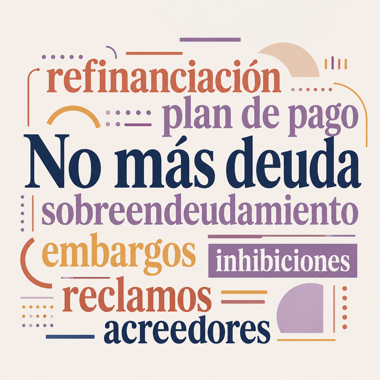 Nube de palabras con términos clave sobre deudas: embargos, inhibiciones, sobreendeudamiento, plan de pago, acreedores — Enlace Gestión Mendoza